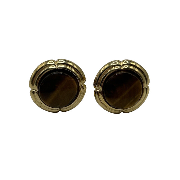 Tiger Other - Tiger Eye Cuff Links Brown Gold Tone Round Unsigned